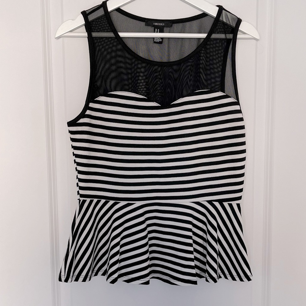 ☀️3/15$ Forever 21 Mesh Top Striped Peplum Tank Top